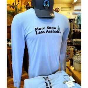 Long Sleeve Tee "More Snow..." Ski Theme‎ Funny Mens Unisex Large Light Blue New